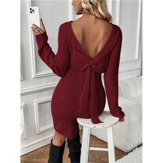 Introducing The Frenchy Bow Detail Backless Sweater Dress In Sleek Burgundy. This Dress Features A Chic Round Neckline And Long Sleeves, Combining Elegance With A Playful Twist. The Standout Backless Design, Adorned With A Charming Bow, Adds A Touch Of Sophistication And Allure. Crafted From Waffle Knit Fabric With Slight Stretch, It Ensures A Comfortable Fit While Maintaining A Structured Shape. The Natural Waistline And Pencil-Shaped Hem Enhance The Dress's Flattering Mini Silhouette. Non-Shee Backless Sweater Dress, Backless Sweater, Red Sweater Dress, Sequin Cardigan, Tie Front Cardigan, Backless Design, Poncho Sweater, Cowl Neck Sweater, Ribbed Sweater