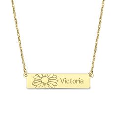 Speak to her sweet and romantic side with the personalized floral detail of this birth flower engravable bar necklace. Crafted in your choice of metal This small bar showcases the birth flower you select etched along the front side. Further customize the look with her name or a meaningful word - up to nine characters in length - inscribed in an elegant font beside the flower. This design suspends centered along a rope chain. The 16.0-inch necklace with 2.0-inch extender secures with a spring-rin Engraved Bar Necklace, Small Bar, Line Flower, Elegant Font, Birth Flower, Meaningful Words, Birth Flowers, Rope Chain, Bar Necklace