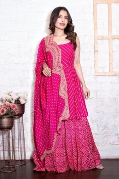 Shop for Vasavi Shah Pink Bamberg Silk Bandhej Print Anarkali Gharara Set for Women Online at Aza Fashions Shrara Grara Design Silk, Bandhej Cord Set, Bandhej Anarkali Suits, Shrara Grara Design, Bandhej Dress Designs, Cotton Gharara Designs, Bandhej Kurti Designs, Bandhej Suits Design, Bandhani Dress Pattern