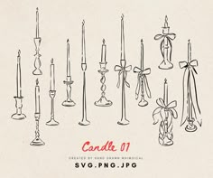 a bunch of candles that are next to each other with bows on them and the words candle 01 created by hand drawn municipal svg