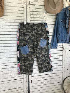 Camo Pants M/L, Grunge Pants, Baggy Pants, Capri Length Pants, Patchwork Pants, Boho Pants, Decorated Pants, Upcycled Clothing for Women - Etsy Tapered Leg Patchwork Pants For Spring, Spring Tapered Leg Pants With Patchwork, Camouflage Straight Leg Bottoms With Patch Pockets, Stretch Straight Leg Pants With Patchwork, Baggy Wide Leg Cargo Pants With Patchwork, Baggy Camouflage Bottoms For Spring, Spring Baggy Camouflage Pants, Spring Camouflage Bottoms With Pockets, Stretch Camouflage Bottoms With Pockets