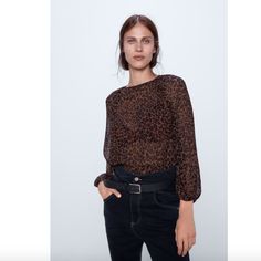 Zara Semi Sheer Top Crinkle Fabric Leopard Print Blouse Blouse With A Round Neckline And Long Sleeves. Fastening With A Buttoned Opening At The Back. This Garment Is Not Lined. Great With Dress Pants Or Jeans! - Black And Brown Cheetah Pattern - Dolman Sleeve - Lettuce Hem - Elastic At Wrists - Back Length 23 Inches Brand New Without Tags. Never Worn. Flowing Blouse, Shirt Blouses Women's, Zara Blouse, Animal Print Blouse, Top Shirt Women, Leopard Print Top, Leopard Print Blouse, Leopard Animal, Tapered Pants