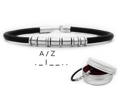 ". Personalized gifts that will permanently stay in memories are the most meaningful ones . We will encode the letters or numbers with 925 Sterling silver cylinders using Morse code into the black leather bracelet . Thus, the bracelet, specially prepared for you/your beloved, will also have a mysterious meaning that is not understood by everyone . 925 sterling silver cylinders representing Morse code lines and dots are unique . MorseCodeSign designs. They are specially designed to fit the leather perfectly . Genuine  lambskin strap: 0.15 inches x 0.15 inches / 0.4cm x 0.4cm . 925 Sterling silver long cylinders: 0.19 inches x 0.19 inches / 0.5cm x 0.5cm . 925 Sterling silver short cylinders: 0.11 inches x 0.19 inches / 0.3cm x 0.5cm . 925 Sterling silver discs: 0.03 inches x 0.19 inches / 0 Classic Sterling Silver Leather Bracelet Gift, Sterling Silver Classic Leather Bracelet As Gift, Classic Silver Leather Bracelet As Gift, Classic Silver Leather Bracelet For Gift, Silver Leather Bracelet With Sterling Clasp As Gift, Silver Minimalist Engraved Leather Bracelet, Modern Engraved Silver Leather Bracelet, Engraved Sterling Silver Leather Bracelet, Silver Sterling Silver Leather Bracelet As Gift