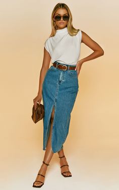 Anaya Midi Skirt - Denim Skirt in Mid Blue Wash | Showpo USA Denim Skirt Chic Outfit, Skirts Casual Outfit, Casual Elegant Outfits Spring, How To Dress Up A Denim Skirt, Styling A Denim Midi Skirt, Medium Body Type Outfits Aesthetic, Style Inspiration Spring 2024, High Fashion 2024, Denim Party Outfit For Women