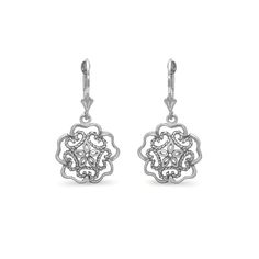 "14k solid gold flower earrings on fleur de lis lever backs. earrings measure 1 1/4\" by 1/2\". great match to the flower ring and necklace." Elegant Flower Earrings With Lever Back For Anniversary, Elegant Flower Earrings With French Hook, Elegant Flower Drop Earrings With Lever Back, Silver 14k Gold Earrings With Lever Back, Elegant Silver Flower Earrings With Lever Back, Gold Flower Earrings, Baby Rings, Floral Jewelry, Flower Motif