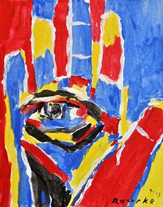 a painting of a person's hand with red, yellow and blue colors