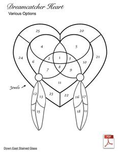 a heart with two feathers on it and the words dream catcher heart in each corner