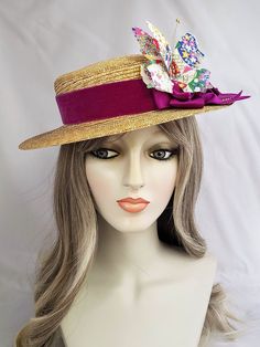 "\"One Of A Kind\" This wonderful little edwardian boater just screams summer is here!  Handmade and hand blocked Milanese straw boater in classic natural color.  Straw boater is not mass produced. Each hat is individually made using a 100 year old straw braid machine. It's a real art and not to many milliners are still employing this technique. Hat is decorated with a stunning vintage silk velvet ribbon that was \"Made in France\".  The fuschia color is rich and vibrant and has a luscious textu Classic Adjustable Straw Hat For Weddings, Adjustable Boater Hat For Royal Ascot Garden Party, Vintage Fitted Straw Hat For Formal Occasions, Fitted Boater Hat With Short Brim For Garden Party, Formal Vintage Fitted Straw Hat, Vintage Handmade Straw Hat For Garden Party, Vintage Straw Hat For Garden Party And Royal Ascot, Vintage Straw Hat For Royal Ascot Garden Party, Adjustable Vintage Straw Hat For Weddings