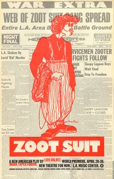 an old newspaper advertisement for zoot suit, featuring a woman in red and white