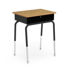 a black desk with a wooden top and metal legs