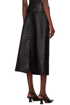 REMAIN Birger Christensen: Black Bonded Leather Midi Skirt | SSENSE Black Leather Skirt With Pockets, Modern Leather Pencil Skirt, Elegant Leather Skirt With Belt Loops, Chic Leather Skirt With Belt Loops, Modern Leather Skirt For Work, Leather Skirt For Workwear, Formal Leather Skirt With Belt Loops, Luxury Black Leather Skirt, Leather Skirt Bottoms For Workwear