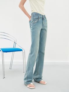 MO&Co. Women's Straight Leg Denim Jeans Features : - Asymmetric waistband- High waist, straight fit - Button and zip closure- Classic five-pocket design Code: MBD1JENT13The back length of size M(27) is 107cmMATERIALS & CARE Material: 99.2% Cotton 0.8% SpandexSeparate mild machine wash below 30°CDo not bleach, hang to dryDo not tumble dry, low ironDo not dry clean, do not expose to the sunWash the reverse side into the mesh bag, do not soakNotice:1. The parts of the leather tag cannot be ironed o Denim Blue Jeans With Zip Fly, Light Wash Straight Leg Bottoms With Zip Fly, Straight Leg Denim Pants With Zip Fly, Denim Pants With Straight Leg And Zip Fly, Denim Pants With Zip Fly And Straight Leg, Slim Denim Bottoms With Five Pockets, Denim Blue Mid-rise Flare Jeans With Five Pockets, Medium Wash Straight Leg Bottoms With Zip Fly, Mid-rise Denim Blue Pants With Zip Fly