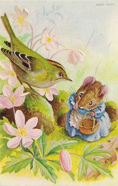 a mouse and a bird sitting next to each other in the grass with flowers around them