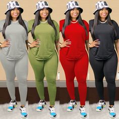 Solid Round Neck Short Sleeve Tops+jogging Pants Plus Size Set Two Piece Loungewear, Two Piece Pants Set, Woman Suit Fashion, Loungewear Set, Tracksuit Women, Plus Size Womens Clothing, Knit Pants, Suit Fashion, Plus Size Casual