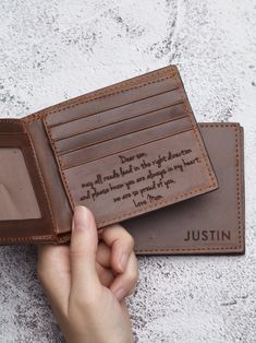 "This wallet can be personalized with the monogram of your choice, making a special gift that will be cherished for years to come. You can add a custom message on the inside (up to 20 words) to have a perfect present for groomsmen, husbands, boyfriends or fathers. ► MORE ∙ P E R S O N A L I Z A T I O N Add more personal touch to your gifts with a Custom Aluminum Wallet Insert Card from this listing: https://etsy.me/3x6Jum5 The perfect gift combo that the recipient is sure to cherish for years to Brown Wallet With Interior Card Slots For Gift, Personalized Rectangular Wallets For Daily Use, Personalized Leather Trifold Wallet Gift, Personalized Leather Trifold Wallet For Everyday Use, Personalized Leather Trifold Wallet, Personalized Brown Leather Trifold Wallet, Personalized Leather Wallet Rectangular, Customizable Leather Wallets For Gifts, Customizable Leather Wallets As Gifts