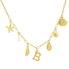 PRICES MAY VARY. Charms Necklace: This Gold Initial Charm Necklace for Women features a delightful array of beach-themed charms, including starfish, seashells, pearls, and sun motifs, along with personalized initial charms. It's a perfect blend of coastal and personal style, ideal for beach lovers. High-Quality Stainless Steel: The necklace is made from durable stainless steel with an 18K gold plating, ensuring longevity and resistance to tarnish. The paperclip chain design adds a trendy and mod Cute Jewelry Combos, Basic Gold Jewelry, Gift Wishlist Ideas, Simple Birthday Gifts, Beach Jewelry Aesthetic, Charm Necklace Ideas, Waterproof Necklaces, Summer Jewlery, Amazon Necklace