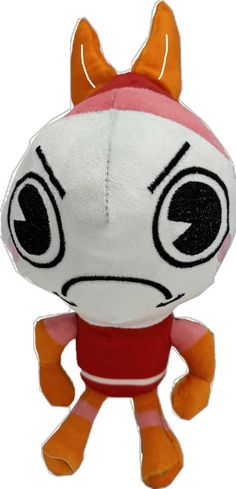 a stuffed animal toy with big eyes and an orange tail on it's head