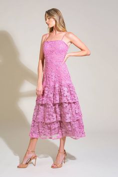 A woven lace midi dress featuring straight neckline, straps, layered skirt and back zipper closure Details: Self : 60% Polyester 40% Nylon Contrast : 100% Polyester Lining : 100% Polyester Size & Fit Model is 5`8" And Wearing Size Small Measurements Taken From Size Small Approx. Length: 50" Pink Midi Dress With Straight Neckline For Brunch, Spring Lace Dress With Square Neck And Ruffles, Spring Lace Dress With Ruffles And Square Neck, Summer Lace Midi Dress With Square Neck, Spring Tiered Midi Dress With Adjustable Straps, Tiered Midi Dress With Adjustable Straps For Spring, Lace Midi Dress With Square Neck For Summer, Lace Tiered Skirt Dress For Brunch, Brunch Lace Dress With Tiered Skirt