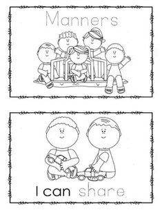 two coloring pages with the words i can share, and an image of three children sitting on