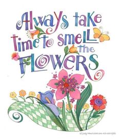 the words always take time to smell the flowers are painted on white paper with colorful flowers and butterflies