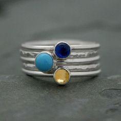 Customize Your Own Set of 5 Stacking Rings - Sterling Silver Cabochon Gemstone Rings - You Choose th Yellow Multi-stone Round Rings, Fusion Style Stackable Ring Jewelry, Fusion Style Stackable Round Jewelry, Fusion Style Stackable Round Rings, Blue Multi-stone Stackable Rings As Gift, Fusion Style Stackable Anniversary Rings, Silver Stackable Rings With Birthstones, Anniversary Fusion Style Stackable Round Rings, Fusion Style Oval Birthstone Rings