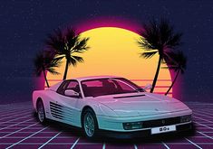 a white car parked on top of a tiled floor next to palm trees in front of a sunset