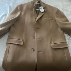 Brand New Never Worn Ralph Lauren Peacoat Size 40 Beige Semi-formal Outerwear With Button Closure, Winter Formal Blazer With Stand Collar, Wool Blazer With Stand Collar For Fall, Beige Fitted Pea Coat With Lapel Collar, Fitted Beige Pea Coat With Lapel Collar, Pea Coat With Button Closure For Semi-formal Events, Semi-formal Suit Collar Outerwear For Fall, Semi-formal Pea Coat With Button Closure And Long Sleeves, Semi-formal Fall Outerwear With Suit Collar