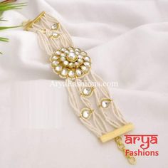 Sakshi Bridal Kundan Bracelet with Pearls in 2.4,2.6 2.8 Jadau Bracelet, Kundan Bracelet, Bracelet With Pearls, Light Weight Jewelry, Boutique Style, Gold Polish, Gold Jewelry Fashion, Gold Set, Pearl White