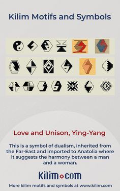 an advertisement for kilim moffis and symbols, with the text love and union, yin - yang