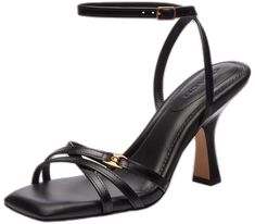 Sleek Leather Heels With Strap, Sleek Leather Strap Heels, Coach Heels With Buckle Closure, Evening Double Strap Leather Sandals, Leather Double Strap Heels For Evening, Formal Heels With Strap And Square Toe, Leather Coach Heels For Evening, Coach Sandals With Ankle Strap And Buckle Closure, Elegant Square Toe Heels With Strap