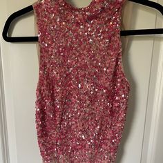 Pink Sequin High Neck Bodysuit Chic Sleeveless Party Bodysuit, Chic Sleeveless Bodysuit For Party Season, Fitted Sleeveless Bodysuit For Party Season, Sleeveless Bodysuit For Party Season And Night Out, Fitted Pink Tank Top For Party, Glamorous Sleeveless Summer Bodysuit, Sleeveless Bodysuit For Party Season, Fitted Sequin Halter Neck Tank Top, Sleeveless Sequin Bodysuit For Party