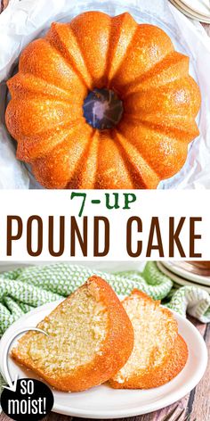 pound cake on a white plate with the words 7 - up above it and below