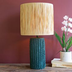 a table lamp sitting on top of a wooden table next to a potted plant