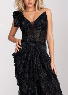 Expertly crafted, the "Veronica" dress features a classic V-neck design and a stunning black floral lace material that is both elegant and feminine. Adding a touch of glamour, the 3D flower decoration and draped maxi length make this dress a must-have for any special occasion. Fabric: Non-Stretch Material: Polyester Fiber Veronica Dress, Lace Material, Black Evening Dresses, Lace Evening Dresses, Neck Designs, Flower Decorations, Floral Lace, Evening Dress, Black Floral