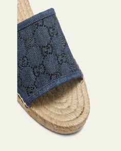 Gucci "Pilar" GG monogram denim cotton espadrille sandals    Flat braidedjute heel    Open toe    Wide band upper    Slide style    Rubber outsole    Made in Italy Gucci Open Toe Espadrilles For Vacation, Gucci Casual Espadrilles For Vacation, Casual Gucci Espadrilles For Vacation, Designer Espadrilles With Woven Sole For Vacation, Casual Gucci Espadrilles For Spring, Gucci Casual Round Toe Espadrilles, Gucci Beach Sandals For Summer, Gucci Sandals For Summer Beach, Casual Gucci Espadrilles With Round Toe