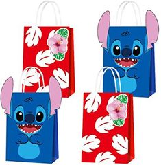 four small bags with cartoon characters on them, one is blue and the other is red