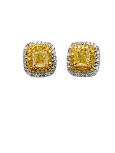 YELLOW CUSHION CUT DOUBLE HALO EARRINGS - Namdar Diamonds Luxury Yellow Jewelry With Matching Earrings, Yellow Diamond Earrings For Formal Occasions, Formal Yellow Diamond Earrings, Yellow Diamond Earrings With Diamond Accents, Yellow Diamond Earrings In Fine Jewelry Style, Fine Jewelry Yellow Diamond Earrings, Formal Yellow Diamond Earrings With Halo Design, Gia Certified Luxury Diamond Earrings, Yellow Round Diamond Earrings