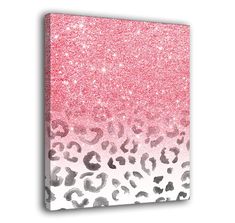 a pink and black leopard print on canvas with glitter effect, in the background is a white