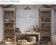 an interior mockup for bakery making with breads and baskets