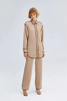 Piped Shirt Trousers Set - By Baano Ribbed Jacket, Suit Shirts, Shirt And Pants, Matching Shirts, Sweatshirt Dress, Quilted Jacket, Modest Outfits, Dress Clothes For Women, Modest Fashion