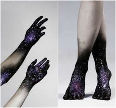 two pictures of hands with black and purple paint on them