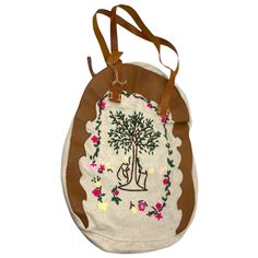 Cottage Farmhouse Style Bag Made Of Leather And Cotton Fabric With Embroidery Detail, The Inside Is Lined With A Flour Sac Style Of Fabric. This Bag Measures Approximately 13.5”X18”X 2.75”. New Without Tags. Beige Shoulder Bag With Embroidered Logo For Everyday Use, Brown Rectangular Bag With Embroidered Logo, Brown Travel Bag With Embroidered Logo, Travel Embroidered Beige Shoulder Bag, Embroidered Beige Shoulder Bag For Travel, Embroidered Beige Tote Shoulder Bag, Brown Bag With Embroidered Logo For Everyday Use, Spring Travel Embroidered Canvas Bag, Embroidered Beige Satchel For Everyday Use