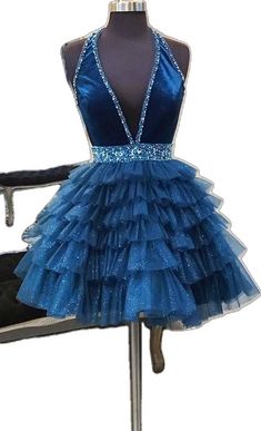 Blue Tiered Dress For Gala, Blue Tiered Tulle Dress, Blue Tiered Party Dress, Tulle Homecoming Dress, A Night To Remember, Layered Skirt, Halter Neckline, Homecoming Dress, Stunning Dresses