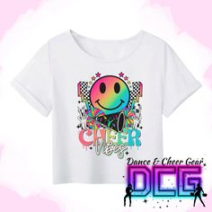 This super cute and trendy Cheer cropped tshirt is the perfect gift for your favorite cheerleader, cheer friend, cheer mom or cheer teacher and cheer coach! This cropped tshirt is soft 100% polyester and runs true to size. We offer this tshirt in (White), please see listing links below. The Shirt is pressed with a high quality Direct-To-Film Transfer. Colors may appear slightly different in person due to computer lighting. These transfers are heat pressed and all designs are hand placed, so posi Summer Cheerleading Tops With School Spirit Style, School Spirit Tops For Summer Cheerleading, Summer School Spirit Tops For Cheerleading, Short Sleeve T-shirt For Summer Cheerleading, Summer Short Sleeve T-shirt For Cheerleading, Summer Crew Neck T-shirt For Cheerleading, Crew Neck T-shirt For Summer Cheerleading, Short Sleeve Tops For Cheerleading In Summer, Summer Casual Cheerleading Crop Top