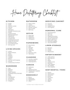 the printable home detutter checklist is shown in black and white with text