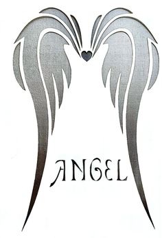 an angel logo with the word angel written in black and white ink on a white background