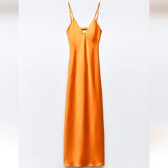 New With Tag Zara 2024 Collection Satin Effect Midi Dress With V-Neck With Adjustable Spaghetti Straps. Open Back Detail With Elastic Strap. Hidden In-Seam Zip Closure. Orange | 3067/374 Outer Shell 100% Polyester Orange V-neck Midi Dress For Evening, Elegant Orange Slip Dress For Spring, Spring Evening Orange Slip Dress, Zara Orange V-neck Midi Dress, Chic Orange V-neck Slip Dress, Zara V-neck Slip Dress For Spring, Zara Orange Elegant Maxi Dress, Elegant Orange Midi Dress By Zara, Zara V-neck Slip Dress For Brunch