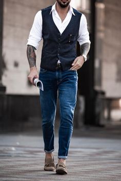 Men Vest, Mens Business Casual Outfits, Striped Vest