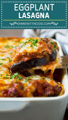 eggplant lasagna in a white casserole dish