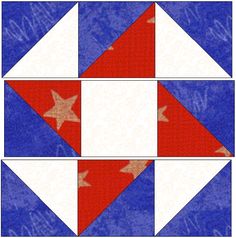 a red, white and blue quilted square with stars on it's sides